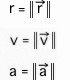 absolute values of vectors r, v, and a